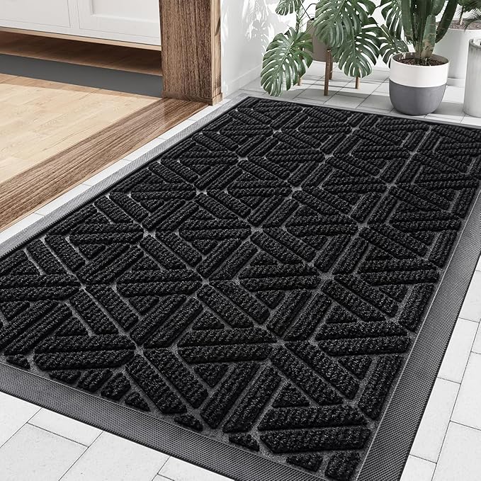 Smiry Front Door Mat Outside Entrance, Heavy Duty Sturdy Natural Rubber Doormat, Trap Dirt and Moisture, Easy Clean Low Profile Mats for Indoor Outdoor Entry, Grid Geometric (29.5x17, Black) - Bloomnest