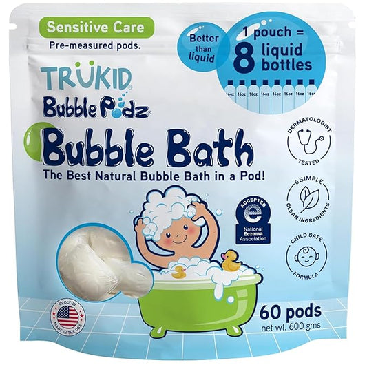 TruKid Bubble Podz Bubble Bath for Kids, Toddlers, & Babies, NEA-Accepted for Eczema, Gentle Refreshing Colloidal Oatmeal Bath Bomb for Sensitive Skin, pH Balanced, Tear Free, Unscented (60 Podz) - Bloomnest