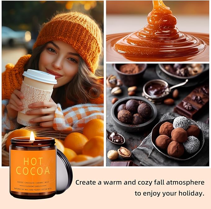 Fall Scented Candles Hot Cocoa 7oz – Rich Chocolate & Creamy Marshmallow Soy Wax Candle for Cozy Autumn Home Décor, Perfect Fall Gift for Chocolate Lovers, 50 Hour Long Burn - Bloomnest