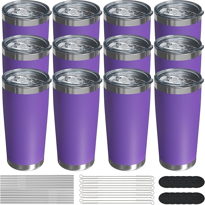 Travel Coffee Tumbler 20oz, 12 Pack Leakproof Travel Coffee Mug with Lid and Straw, Stainless Steel Double Wall Vacuum Insulated Tumbler for Hot/Iced Drinks (Textured Matte, Purple) - Bloomnest