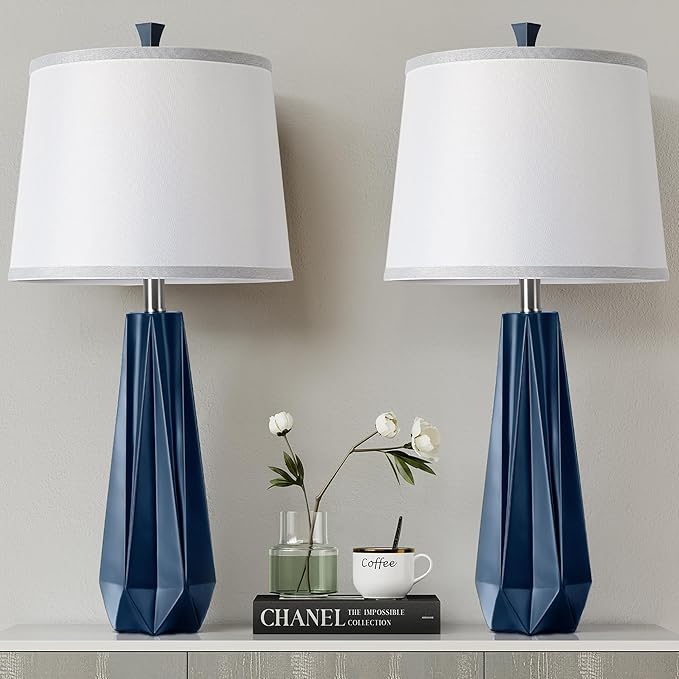 WIHTU 3 Color Temperature Table Lamps Set of 2, 27'' Navy Blue Modern Table Lamp for Living Room, Beside Lamp with Linen Shade, Resin Desk Lamp for Nightstands Bedroom Office Decor (2 Bulbs Included) - Bloomnest