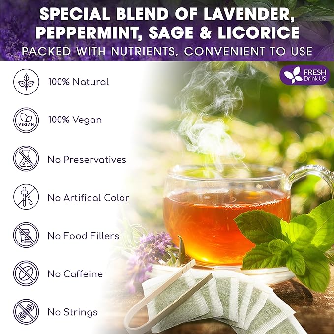 FreshDrinkUS, Premium 55 Tea Bags Lavender Mint Tea, 100% Natural, Blend of Lavender, Peppermint, Sage and Licorice. Made with Natural Material Tea Bags. No Sugar, No Caffeine, Vegan. - Bloomnest