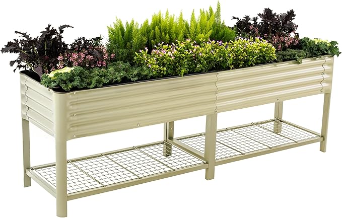 Elevated Raised Garden Bed-V Series, 2' x 8' Garden Beds with Legs & Storage Rack for Patio Porch, 1400 Lbs Weight Capacity, Outdoor Planter Boxes for Gardening Herbs Vegetables Flowers, Pearl White - Bloomnest