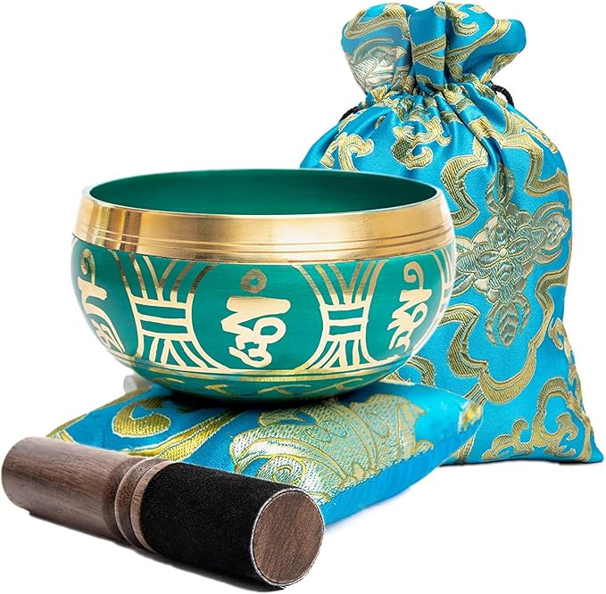 Tibetan Singing Bowl Set - Authentic Handcrafted Mindfulness Meditation Holistic Sound 7 Chakra Healing by Himalayan Bazaar (Turquoise) - Bloomnest