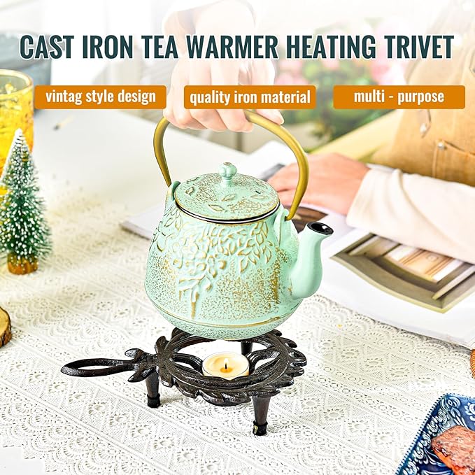 Sungmor Cast Iron Tealight Warmer with Pretty Flame Shape Design, Functional Table Trivet Candle Holder for Warm Dishes, Pots, Soups, Milks, Teas, Coffee, Great Heater for Melt Butter, Sealing Wax - Bloomnest
