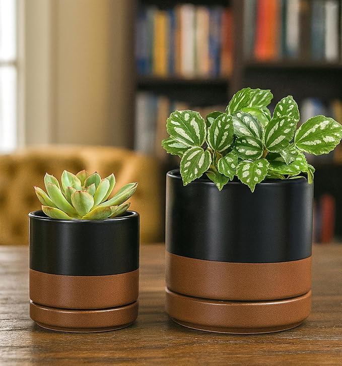 D'vine Dev 3.5 Inch & 4.7 Inch Ceramic Planter Pots for Plants with Drainage Hole and Saucer, X-Small Plant Pots Set, Black/Speckled Tan, 94-G-XS-7 - Bloomnest