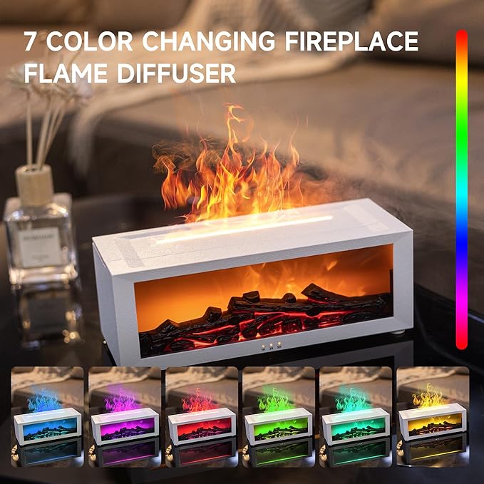 Fireplace Flame Air Diffuser Humidifier,7 Colors Aromatherapy Essential Oil Diffuser,Ultrasonic Aroma Humidifier with Timer for Home,Bedroom,Office,Yoga (White, L) - Bloomnest