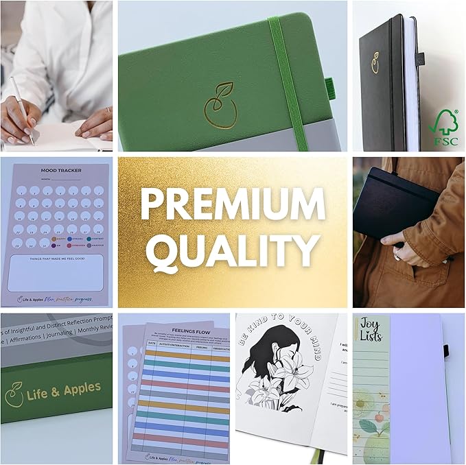 Life & Apples Journal for Women - Guided Mindfulness Journaling Notebook with prompts - for Improved Mental Health, Less Anxiety & Stress, More Positivity & Resilience - A5 Tune-in Sage Green
