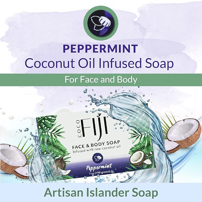 "Coco Fiji Soap Bar for Face and Body Infused With Organic Coconut Oil, Peppermint, Essential Oil, Natural Soap for Moisturizing & Pore Purifying Skin, 7 oz, Pack Of 3 " - Bloomnest
