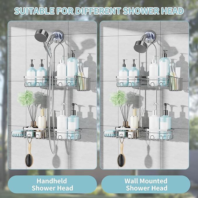 KEGII Shower Caddy Hanging for Handheld Showerheads, Rustproof Hanging Shower Organizer with Soap Dish, Toothbrush Holder and Hooks, Over Showerhead Caddy for Bathroom, Silver - Bloomnest