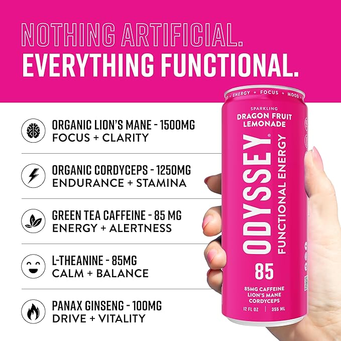 Odyssey Functional Energy Drink for Focus, Cognition & Mood Support 12 Pack - Adaptogenic Drink with 85mg Green Tea Caffeine, Lion’s Mane, Cordyceps, L-Theanine & Ginseng, Dragon Fruit Lemonade - Bloomnest