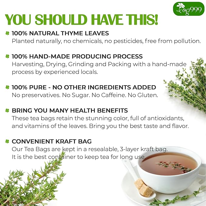 TOG999, Premium 40 Thyme Leaf Tea Bags, 100% Natural & Pure Thyme Leaves. Loose Leaf Thyme Herbal Tea. Thyme Leaf Tea. No Sugar, No Caffeine, No Gluten, Vegan. - Bloomnest
