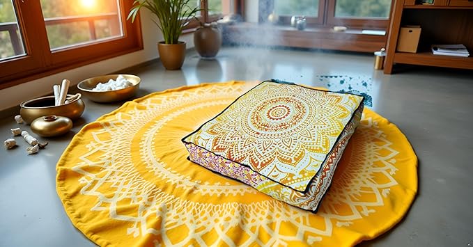 INDIAN CRAFT CASTLE 24" Yellow Ombre Mandala Barmeri Large Floor Pillow Cover Cushion Meditation Seating Ottoman Throw Cover Hippie Decorative Zipped Bohemian Pouf Ottoman Pom Pom Cases 24" Square - Bloomnest