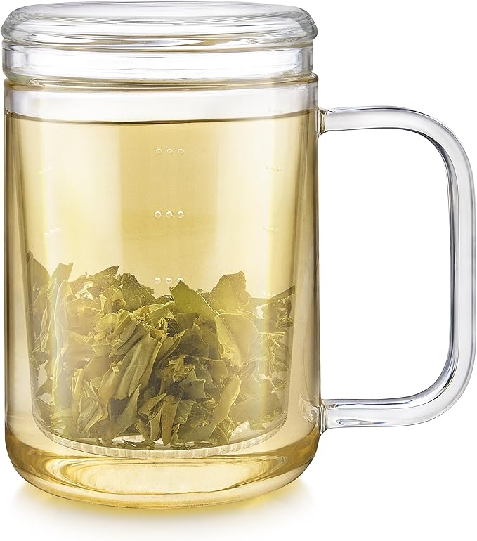 Teabloom Loose Tea Microdot Glass Mug with Lid – 12oz Single-Serve Borosilicate Glass Cup with Infuser for Hot and Cold Beverages - Bloomnest