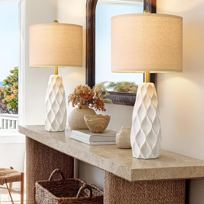 27.5" Ceramic Table Lamps for Living Room Bedroom Lamps Set of 2 Modern Boho Bedside Lamps Night Stands Farmhouse Vintage Large Nightstand Lamp Reading Light Home Office Dorm Desk Deco Gifts, White - Bloomnest