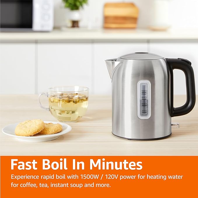 Amazon Basics 1.1Qt (1L) Electric Kettle, Tea Kettle & Water Boiler, with Auto Shut-Off, Boil Dry Protection, High-Safety Strix Thermostat, BPA-Free, 1500W, Stainless Steel, New Model, Black & Silver - Bloomnest