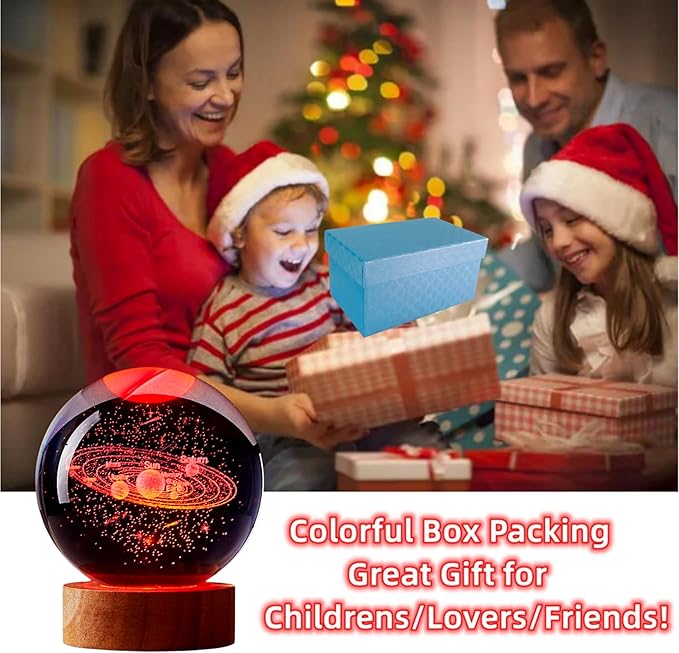 3D Large Solar System Crystal Ball Night Light with Wooden Base, Galaxy Crystal Lamp Gift for Kids Wife Friends, 16 Color Changing with Remote Control, 3.15 inch Planet Glass Ball Lamp (Solar System) - Bloomnest