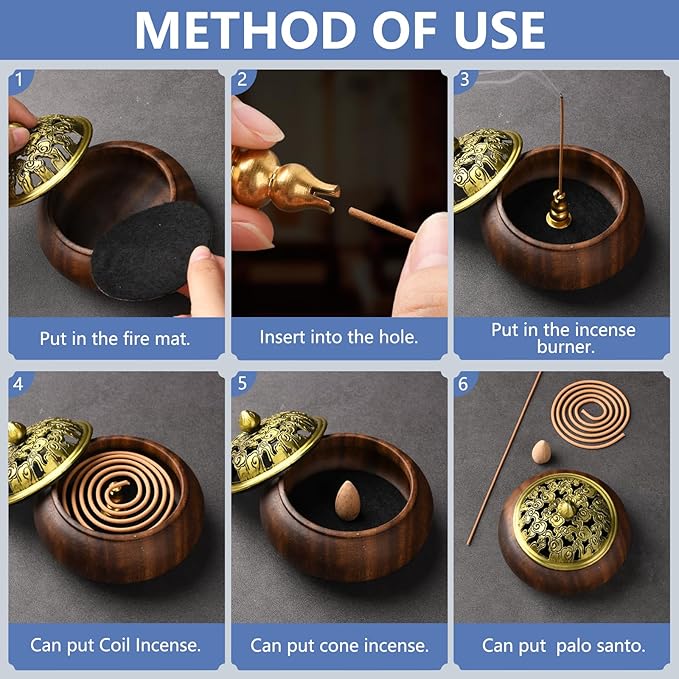 Wood Incense Burner with Holder - Handmade Smudging Bowl for Stick or Coil Incense - Walnut - Bloomnest
