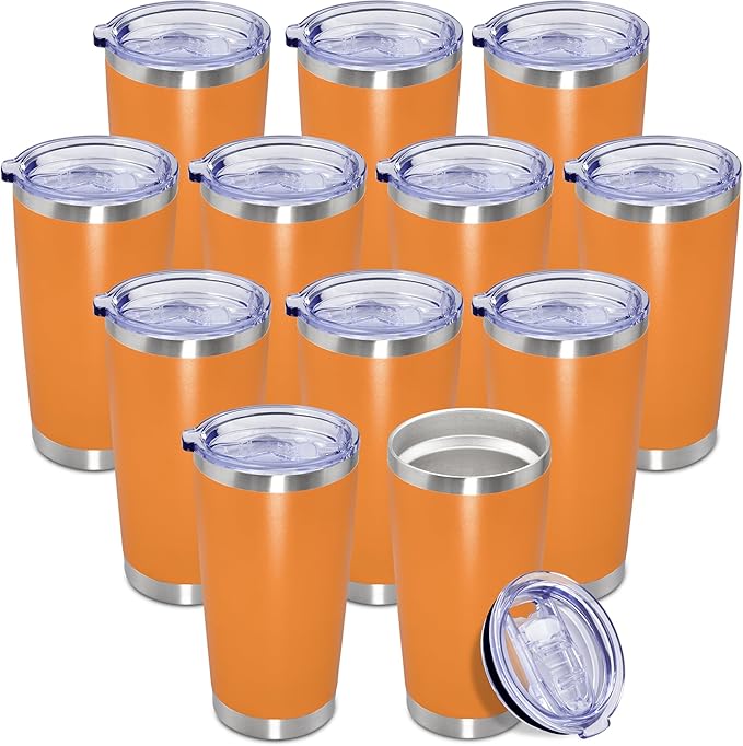 20 oz Tumbler Coffee Travel Tumblers Bulk with Lid Stainless Steel Double Wall Vacuum Insulated Mug Powder Coated Cups fit Car Cupholder for Hot and Cold - Orange, 12Pack