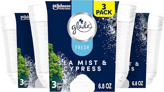Glade 3-Wick Scented Candle Jar, Sea Mist & Cypress, Air Freshener Infused with Essential Oils, 6.8 Oz, 3 Count - Bloomnest