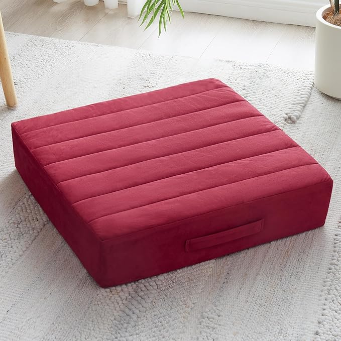 22 inches Floor Pillow for Adults - Large Meditation Cushion with Thick Foam & Soft Tufted Cover - Premium Outdoor Square Floor Cushion Seat - Yoga Pillows for Sitting On Floor - Burgundy - Bloomnest