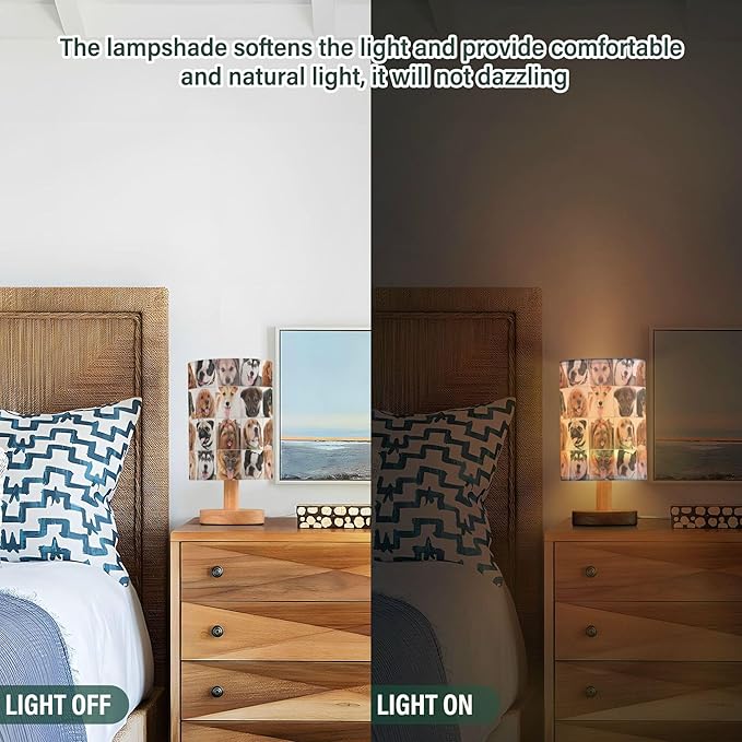 Table Lamp Husky Pug Dachshund Poodle French Bulldog Golden Retriever Dog Nightstand Lamp with Wood Base Fabric Lamp Shade Bedside Desk Lamp for Living Room Bedroom Kids Room Office - Bloomnest