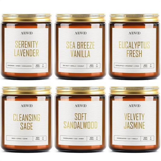 AOOVOO Candles Set - 6PC Scented Candles, Soy Candle, Aromatherapy Candle, Soy Wax Candle, Candle for Home Scented, Lavender/Vanilla/Eucalyptus/Sage/Jasmine/Sandalwood - Bloomnest