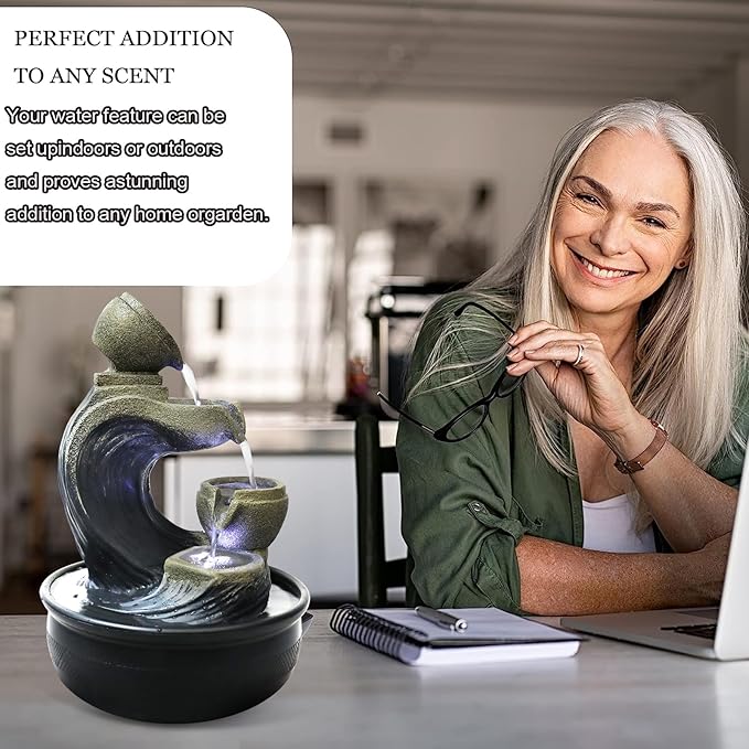 Indoor Tabletop Water Fountains and Calming Water Sound Relaxation Desktop Waterfall Fountain with LED Lights，The for Office, Room Decoration, Portable Feng Shui Fountain Indoor