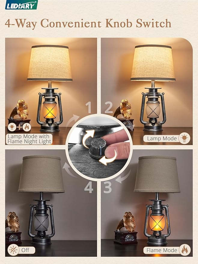 LEDIARY 18.72" Sliver LED Lantern Flickering Flame Table Lamps for Bedrooms Set of 2, Small Farmhouse Rustic End Table Lamps, Halloween Decorative Lantern Bedside Lamps for Living Room - Bloomnest