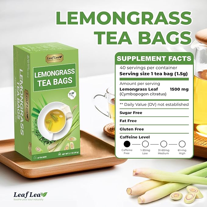 LeafLea 80 Premium Lemongrass Tea Bags, Natural Herbal Lemongrass Leaves, Te de Limoncillo for Digestion Support, Light & Soothing Taste, Caffeine-Free, Sugar-Free, Vegan, Individually Wrapped - Bloomnest