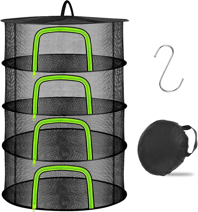 Coopache 4 Layer Herb Drying Rack Hanging Mesh Plant Dry Net Basket for Herbs Plants Flower Vegetables Spices Fish Food with Green Zippers - Bloomnest