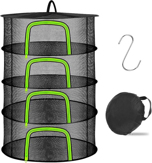 Coopache 4 Layer Herb Drying Rack Hanging Mesh Plant Dry Net Basket for Herbs Plants Flower Vegetables Spices Fish Food with Green Zippers - Bloomnest