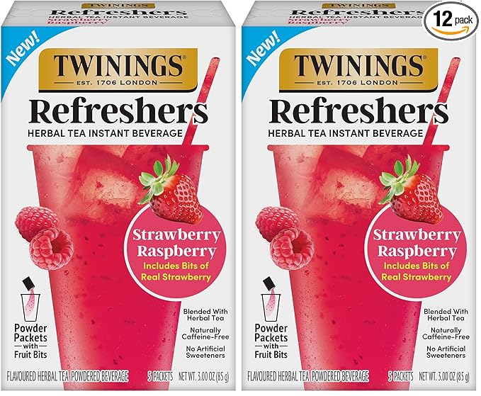 NEW Twinings Strawberry Raspberry Refreshers, Herbal Tea Instant Beverage with Real Strawberry Fruit Bits, 5 Count (Pack of 2), Café Style, No Artificial Sweeteners, Naturally Caffeine-Free, 5 Packets - Bloomnest
