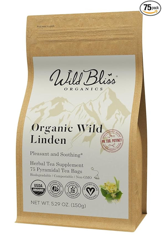 Wild Bliss Organic Linden Flower Tea - Caffeine Free Calming Herbal Tea - 75 Plant Based Tea Bags - Bloomnest