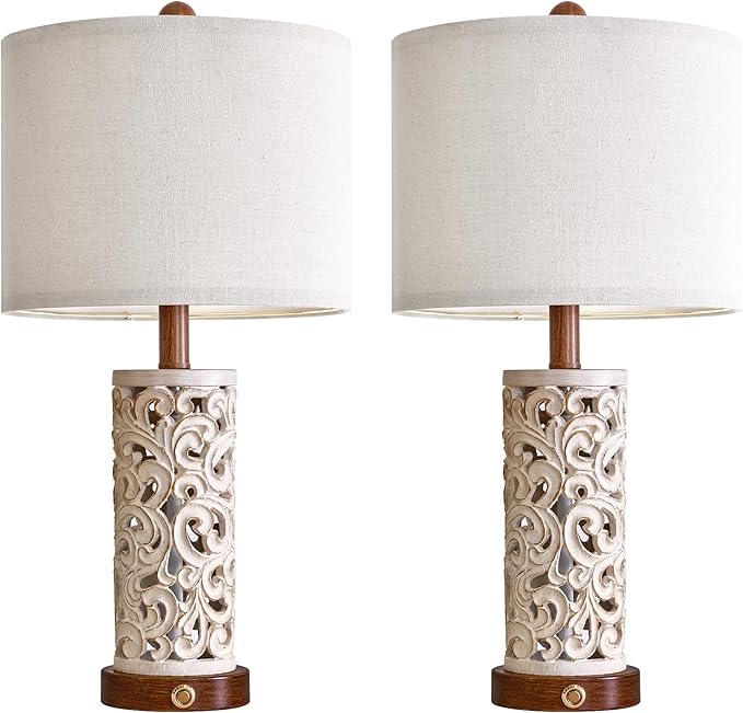 22" Dual Light Table Lamps Set of 2 for Living Room, Touch Lamp with 3-Level Dimming, USB A+C Table Lamp for Bedroom, Farmhouse Lamps for Night Stands(Brown, Bulb Included) - Bloomnest