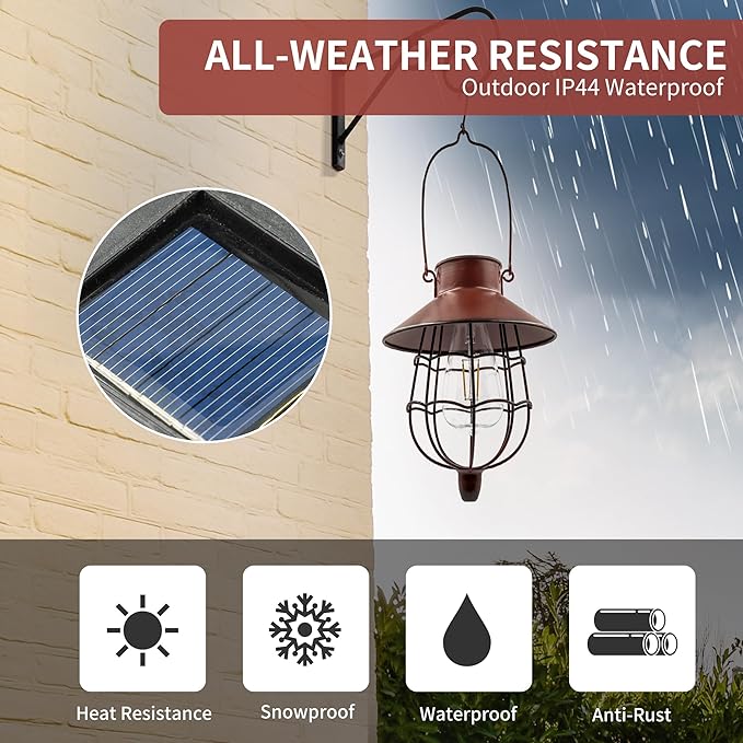 2 Pack Solar Lanterns Outdoor Waterproof Hanging Solar Lights with Vintage Metal Warm White Light Edison Bulb Design, Decorate for Garden Yard Porch and Christmas (Red) - Bloomnest
