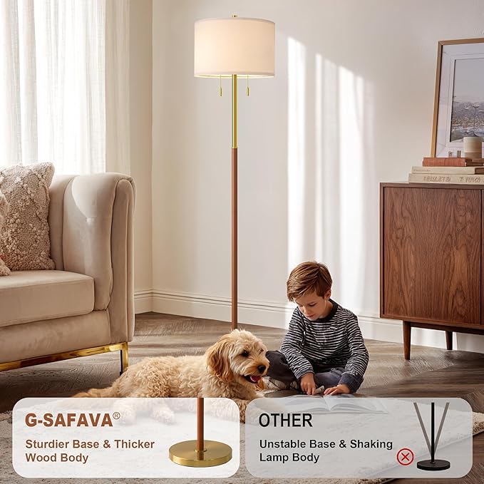 61" Wood Floor Lamp for Living Room 2-Light Standing Tall Lamps Mid Century Modern Floor Lamps for Bedroom Office Nursery Corner Industrial Reading Room Lamp, 3 Color Temperatures 9W Bulbs Included - Bloomnest