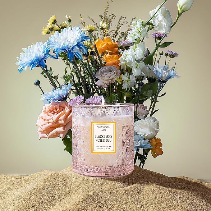 Chloefu LAN Rose Scented Candle, Oud Candle, Mothers Day Candles Gifts for Women, Pink Candles for Home Scented, 55 Hours Long Burning, 100% Natural Soy Wax - Bloomnest