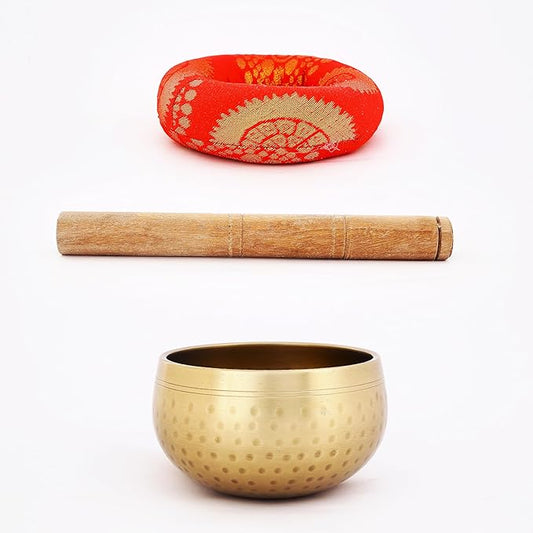 Indian Consigners Tibetan Singing Bowl Set – 3.5-Inch Medium Brass Meditation Sound Bowl with Wooden Mallet & Silk Cushion – Handmade in Nepal for Yoga, Mindfulness & Chakra Healing VisitIndianConsigners