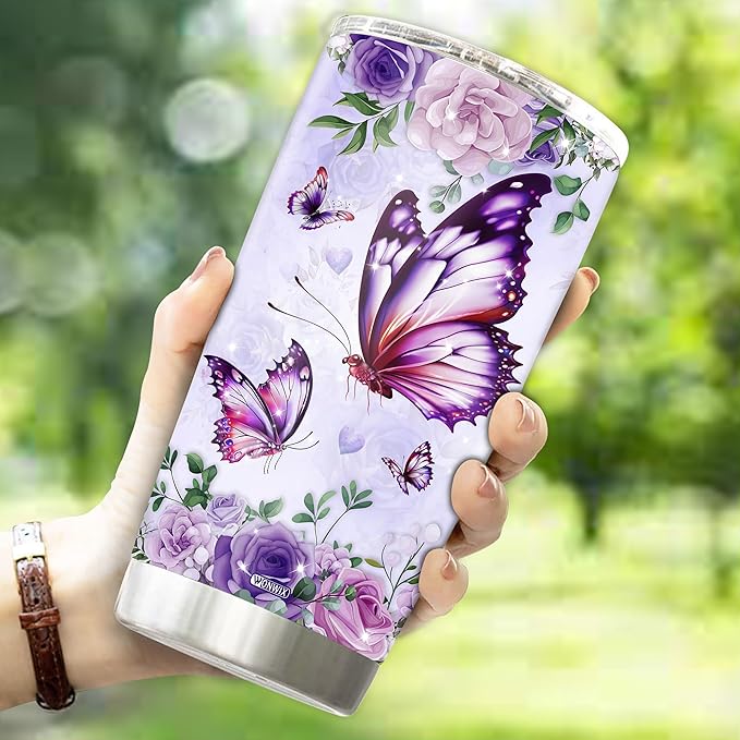 Personalized Purple Butterfly Coffee Mugs For Girls Mom Women Adults Butterflies Lovers Water Bottle Travel Mug Mothers Day Birthday Christmas Valentine 20oz Stainless Steel Cup With Lid - Bloomnest