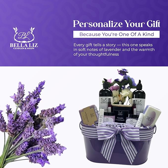 Bella Liz Lavender Gift Set – 14 piece Spa Set with Soy Candle, Handmade Soaps, Body Wash & Lotion, Bath Bombs, Lip Balms, Sugar Scrub, Body Butter & More – Self-Care Gift - Bloomnest