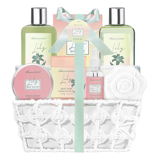 Spa Gift Baskets for Women Bath and Body Gift Set, 9pcs Spa Gifts for Women, Lily Bath Gift Set with Bubble Bath, Body Lotion, Christmas Gifts for Her Relaxing Bath Sets
