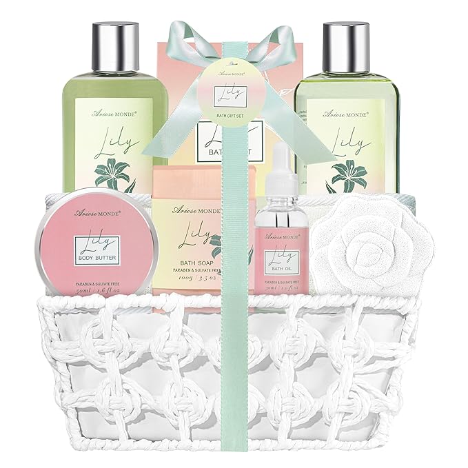 Spa Gift Baskets for Women Bath and Body Gift Set, 9pcs Spa Gifts for Women, Lily Bath Gift Set with Bubble Bath, Body Lotion, Christmas Gifts for Her Relaxing Bath Sets - Bloomnest