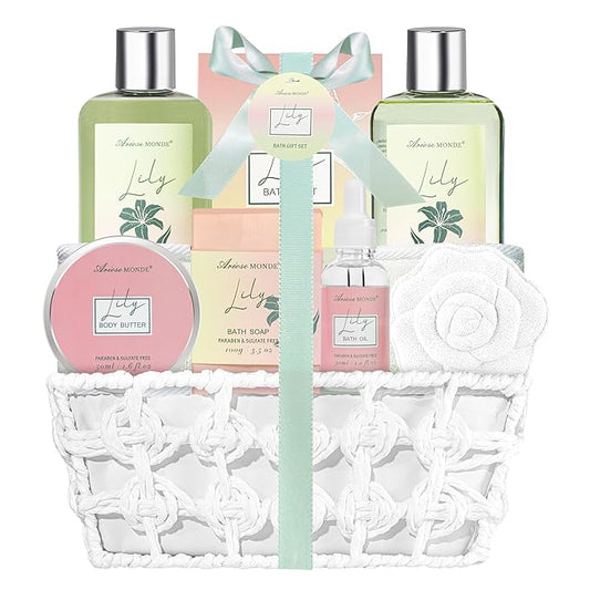 Spa Gift Baskets for Women Bath and Body Gift Set, 9pcs Spa Gifts for Women, Lily Bath Gift Set with Bubble Bath, Body Lotion, Christmas Gifts for Her Relaxing Bath Sets - Bloomnest