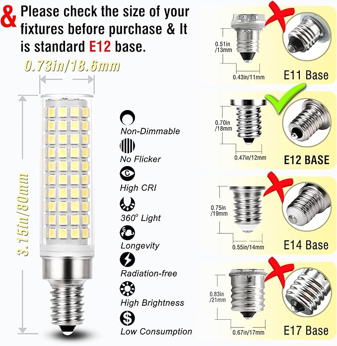 ALIDE E12 10W 6000K LED Candelabra Bulbs 100w Equivalent 1200lm 0.73 * 3.15inch, Non-dimmable, 5Pack - Bloomnest