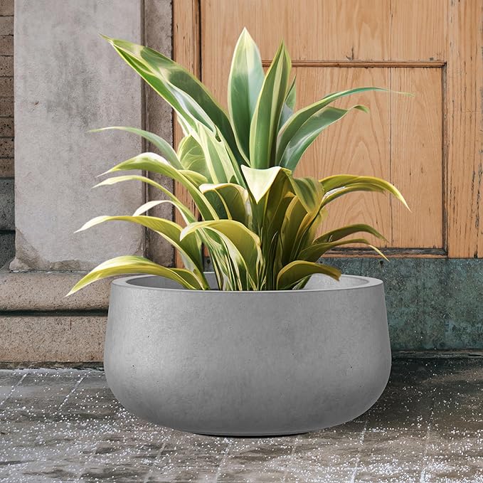 Kante 19.6" Dia Round Concrete Planter, Cement Plant Pots with Drainage Hole and Rubber Plug for Outdoor Indoor Garden Home, Modern Curvaceous Design, Natural Concrete - Bloomnest