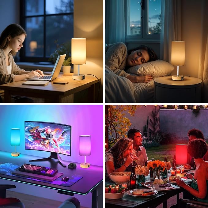 Unicozin Small Table Lamp, 3CCT & 7 RGB Color Changing, Dimmable Nightstand Lamp with Wood Grain Base, Touch Bedsides Lamp for Bedroom, Office, Kids Room, Nursery, Party, White Shade - Bloomnest