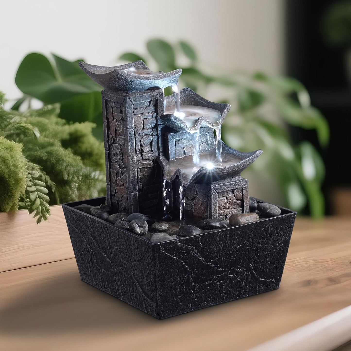 Tabletop Fountain Indoor Waterfall – 3-Tier Black Zen Decor with Pebble Base, White LED Light, Water Pump & On/Off Switch – Desktop Feng Shui Relaxation Gift for Home or Office (21110B)