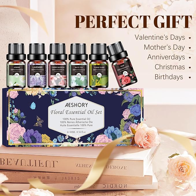 Floral Essential Oils Set - 6x10ML Fragrance Oil for Diffusers, Massage, Aromatherapy, Candle Making - Lavender, Rose, White Tea, Jasmine, Ylang-Ylang, Cherry Blossom Scented Oil - Bloomnest