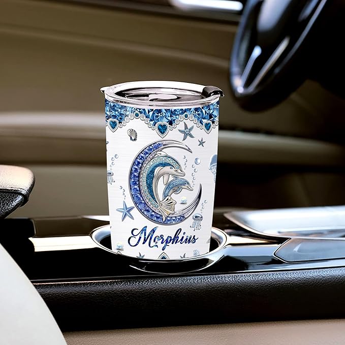 WAZONE Personalized Dolphin Tumbler With Lid Customized Name Jewelry Style Blue Moon Stainless Steel 20oz 30oz Insulated Tea Cup Gift Christmas Birthday for Daughter Women Sister Best Friend - Bloomnest